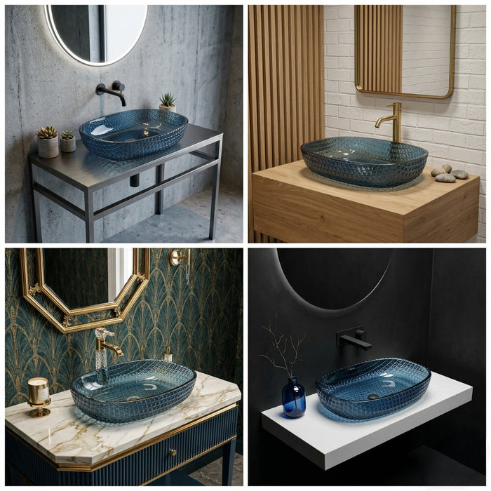 Bassino Blue Faceted Glass Countertop Wash Basin – Premium Oval Vessel Sink (21" x 16" x 4")