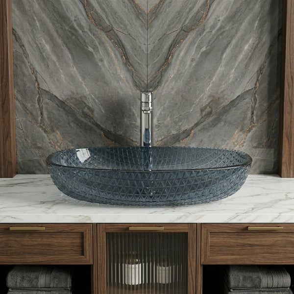 Bassino Blue Faceted Glass Countertop Wash Basin – Premium Oval Vessel Sink (21" x 16" x 4")