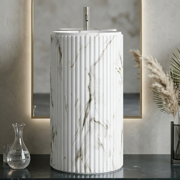 Fluted Marble-Texture Artificial Stone Pedestal Basin | Designer Freestanding Wash Basin (16″ × 16″ × 34.5″) NCASB 2072