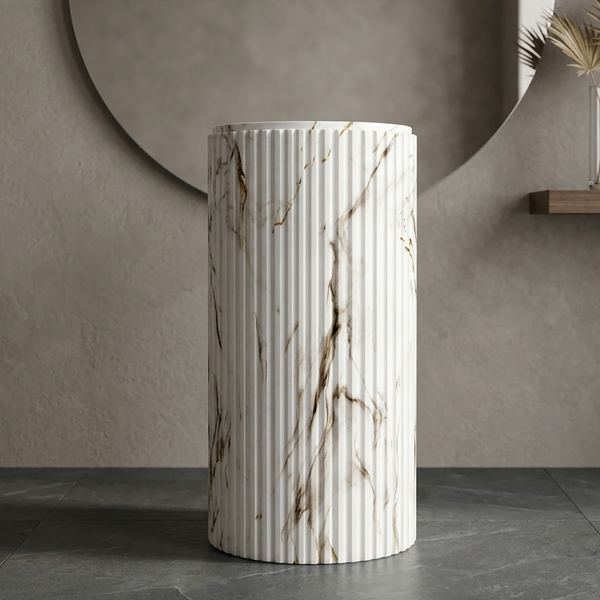 Fluted Marble-Texture Artificial Stone Pedestal Basin | Designer Freestanding Wash Basin (16″ × 16″ × 34.5″) NCASB 2072