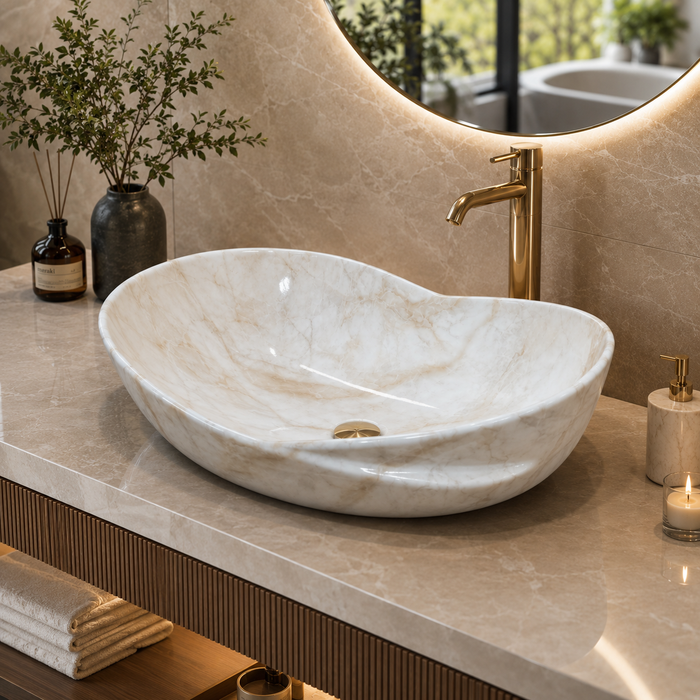 White Beige Marble Ceramic Countertop Wash Basin