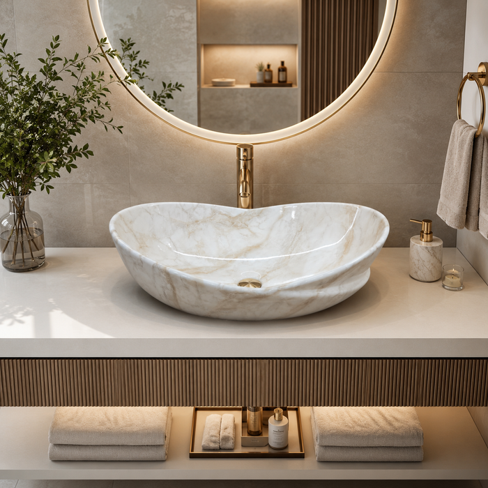 White Beige Marble Ceramic Countertop Wash Basin