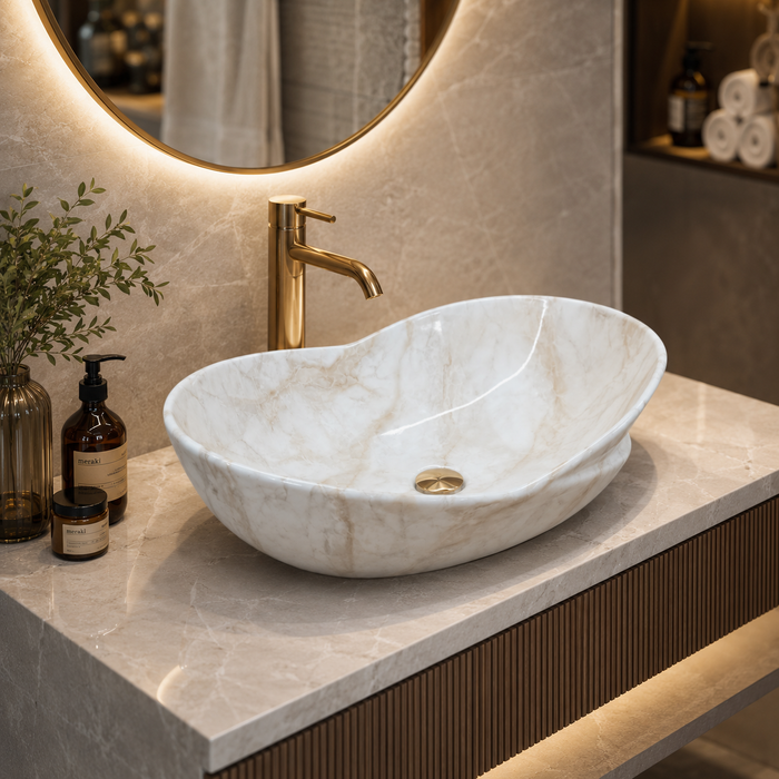 White Beige Marble Ceramic Countertop Wash Basin