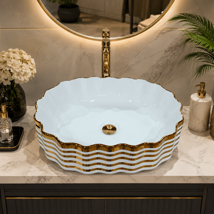 White Gold Stripe Ceramic Countertop Wash Basin 