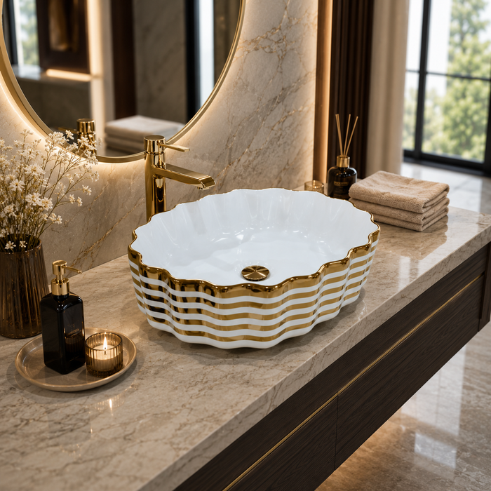White Gold Stripe Ceramic Countertop Wash Basin 