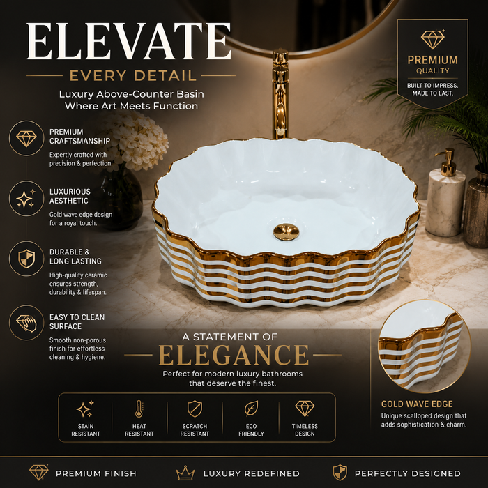 White Gold Stripe Ceramic Countertop Wash Basin 
