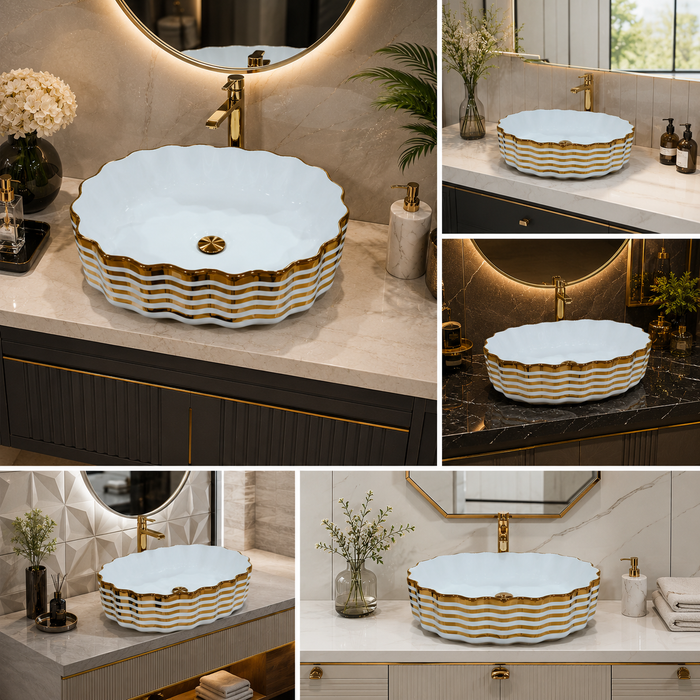 White Gold Stripe Ceramic Countertop Wash Basin 