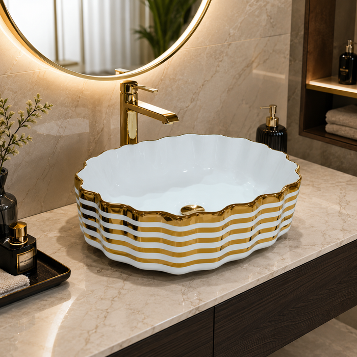 White Gold Stripe Ceramic Countertop Wash Basin 