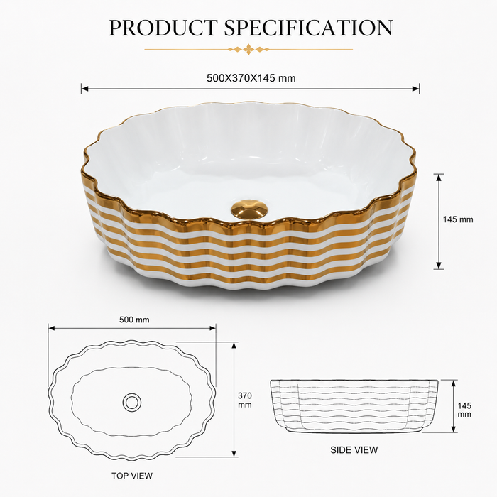 White Gold Stripe Ceramic Countertop Wash Basin 