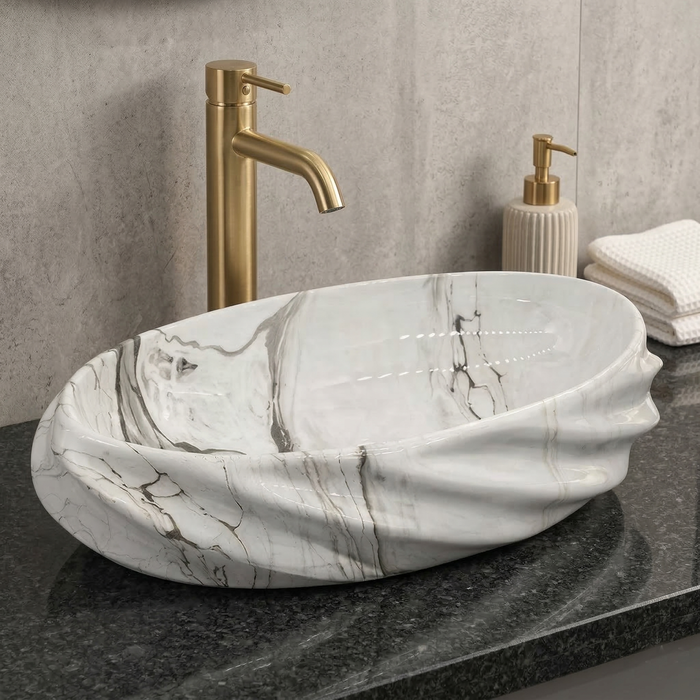 White Grey Glossy Marble Oval Countertop Wash Basin