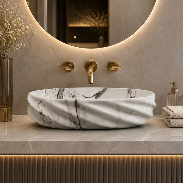 White Grey Glossy Marble Oval Countertop Wash Basin – (21" × 13" × 6" IN)