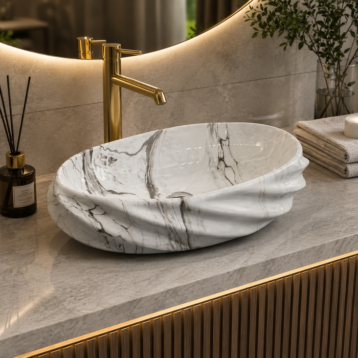 White Grey Glossy Marble Oval Countertop Wash Basin