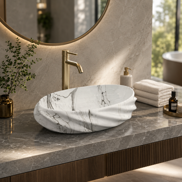 White Grey Glossy Marble Oval Countertop Wash Basin
