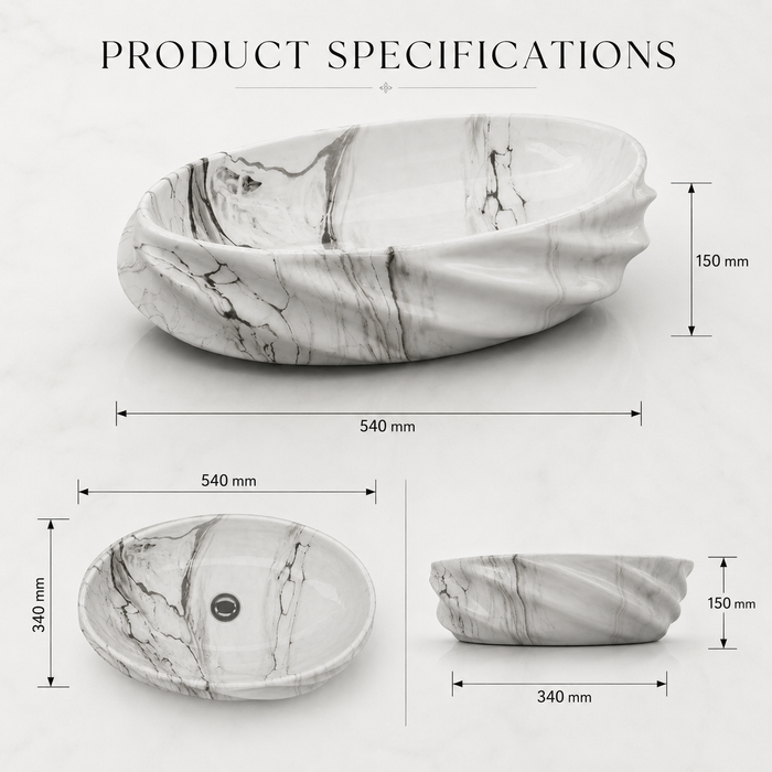White Grey Glossy Marble Oval Countertop Wash Basin Size