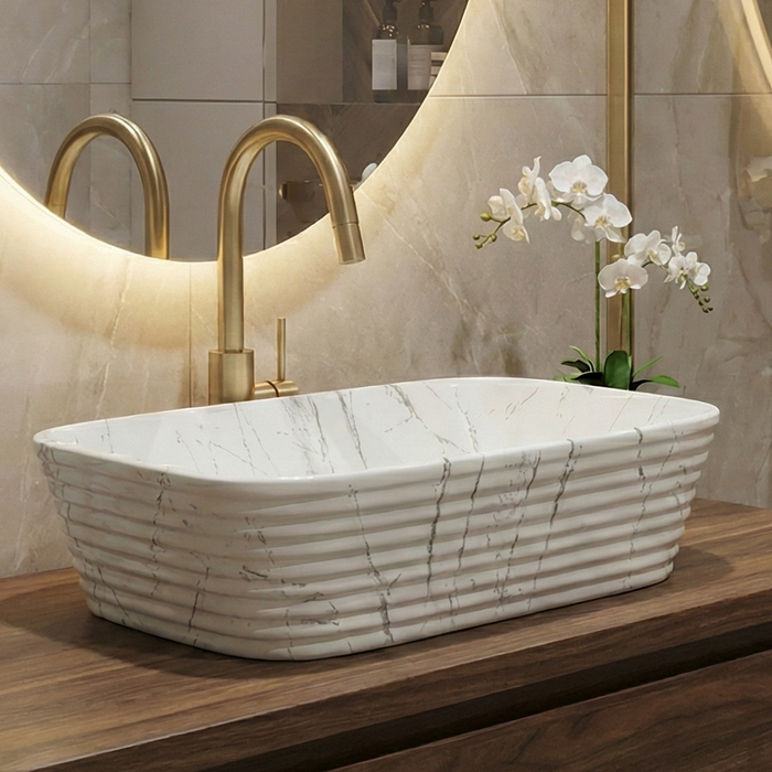 White Marble finish Countertop Wash Basin 