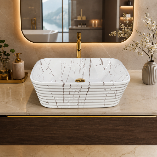 Modern Marble finish Countertop Wash Basin | (20" × 15"× 6" IN) Designer Bathroom Sink Silver