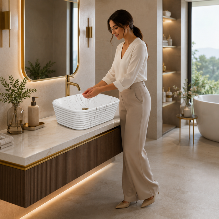 White Marble finish Countertop Wash Basin 