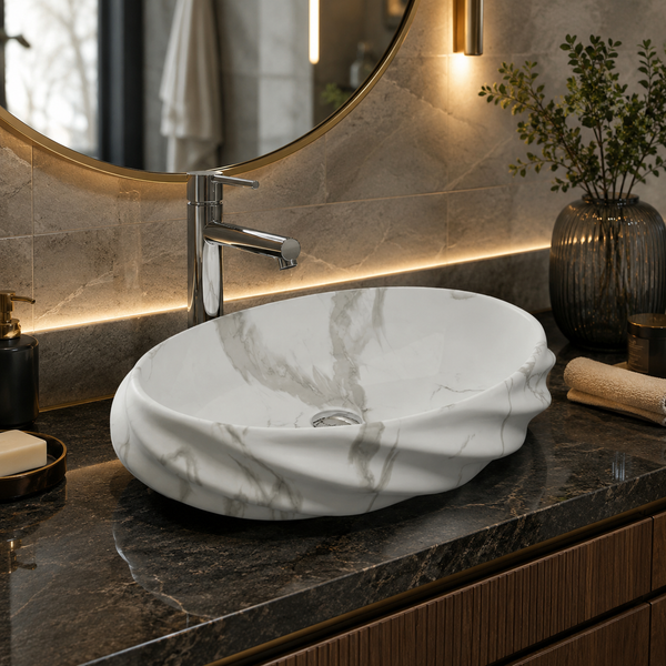 White Matte Ceramic Oval Countertop Wash Basin – (21" × 13" × 6" IN)