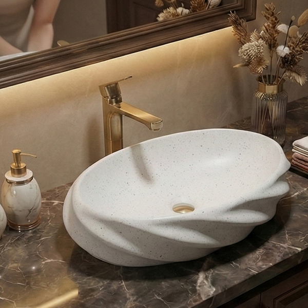 Terrazzo Matt Oval Countertop contemporary Wash Basin (21″ × 13″ × 6″ IN) White