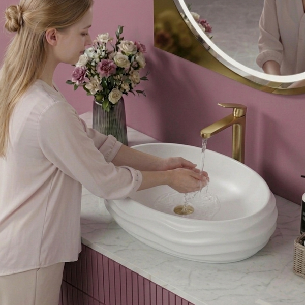 Terrazzo Matt Designer Countertop Wash Basin | Sculpted Oval Basin (22″ × 15″ × 6″ IN) White