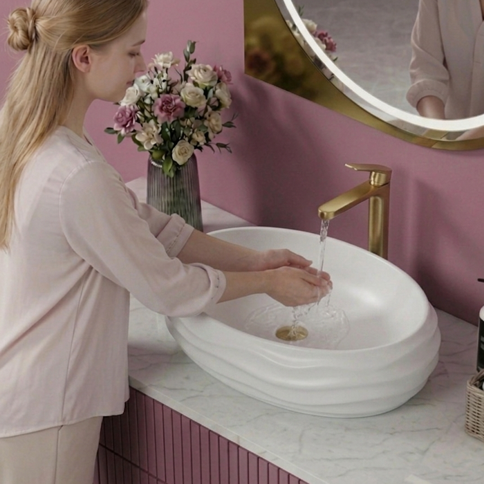 White Terrazzo Matt Sculpted Oval Basin  2