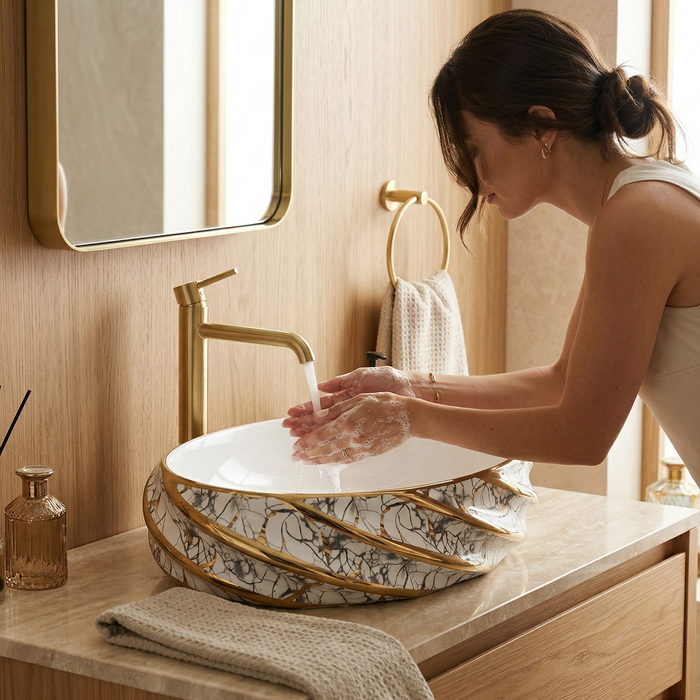 White and Gold Oval Marble Pattern Countertop Wash Basin