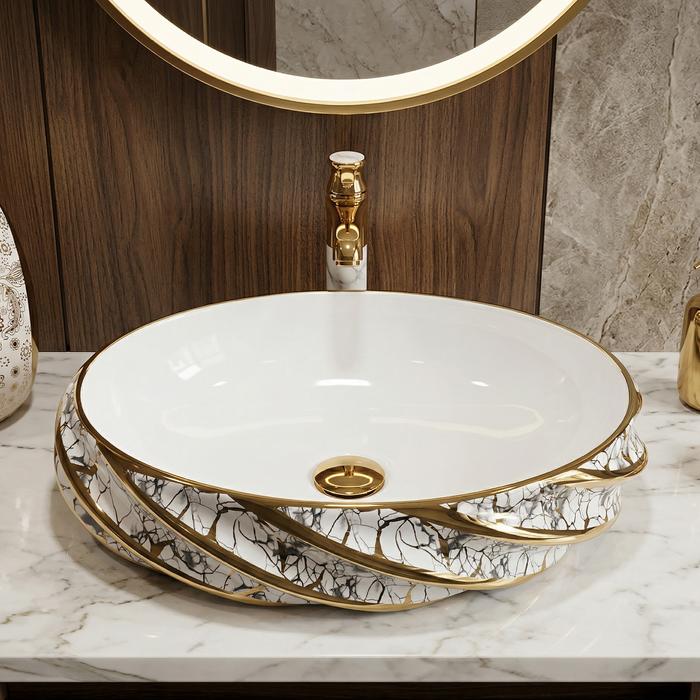 White and Gold Oval Marble Pattern Countertop Wash Basin