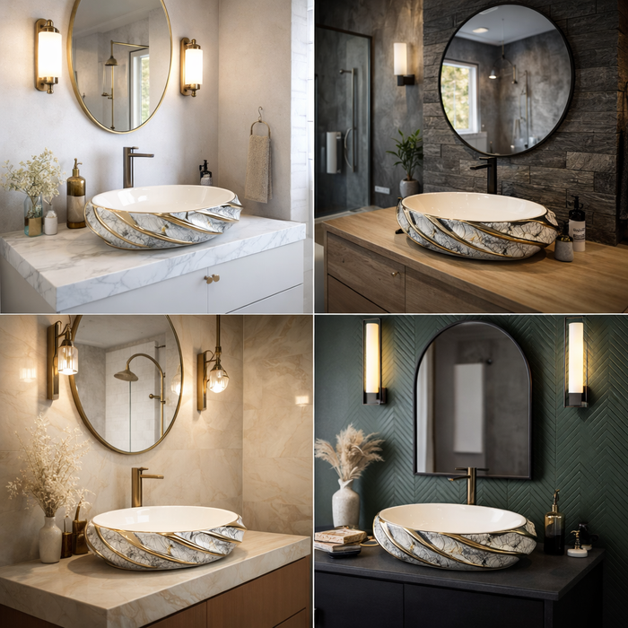 White and Gold Oval Marble Pattern Countertop Wash Basin 4