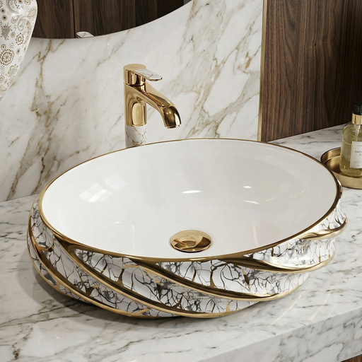 White and Gold Oval Marble Pattern Countertop Wash Basin