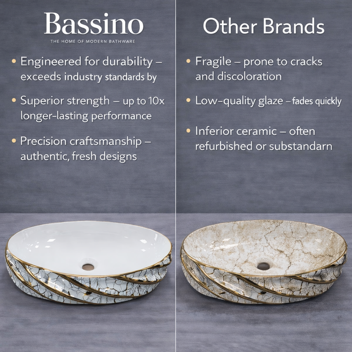 White and Gold Oval Marble Pattern Countertop Washbasin 
