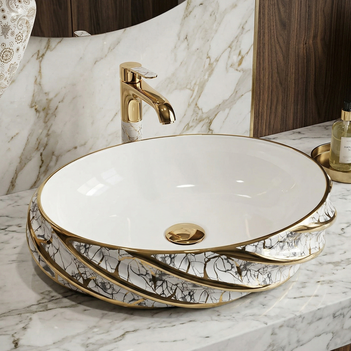 White and Gold Oval Marble Pattern Countertop Wash Basin