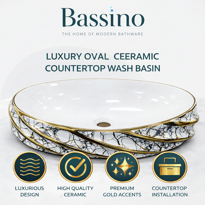 White and Gold Oval Marble Pattern Countertop WashBasin