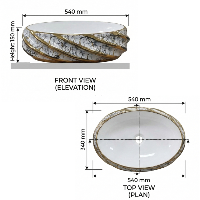 White and Gold Oval Marble Pattern Countertop Wash Basin Size
