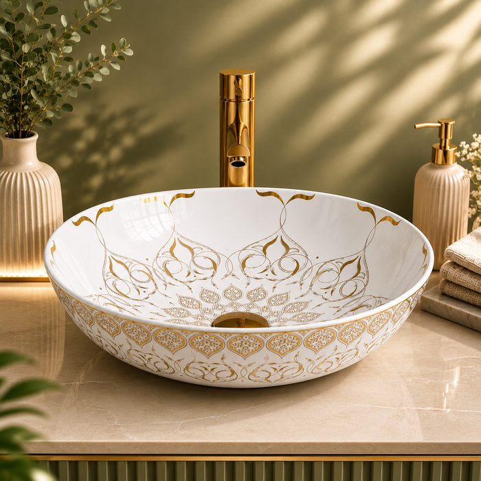 White and Gold moroccan design table top wash basin 
