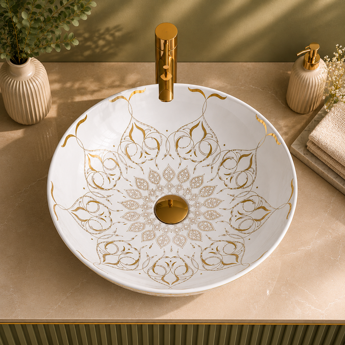 White and Gold moroccan design table top wash basin 