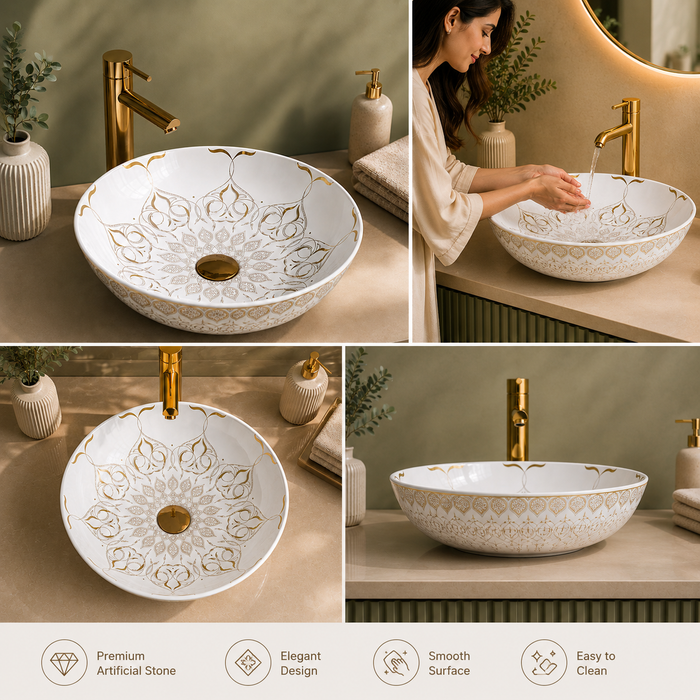 White and Gold moroccan design table top wash basin 