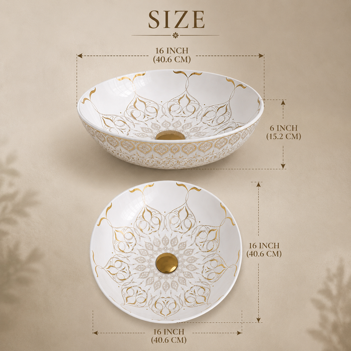 White and Gold moroccan design table top wash basin size