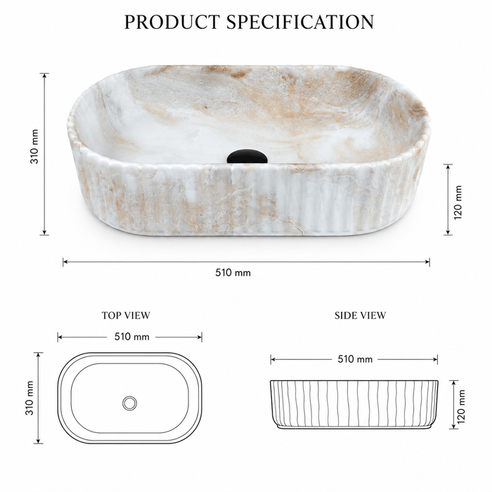 White and beige marble-finish table top wash basin with fluted exterior design, rounded rectangular shape and 510 × 310 × 120 mm size.