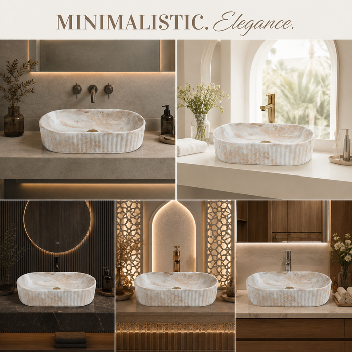 White and beige marble-finish table top wash basin with fluted exterior design, rounded rectangular shape and 510 × 310 × 120 mm size.