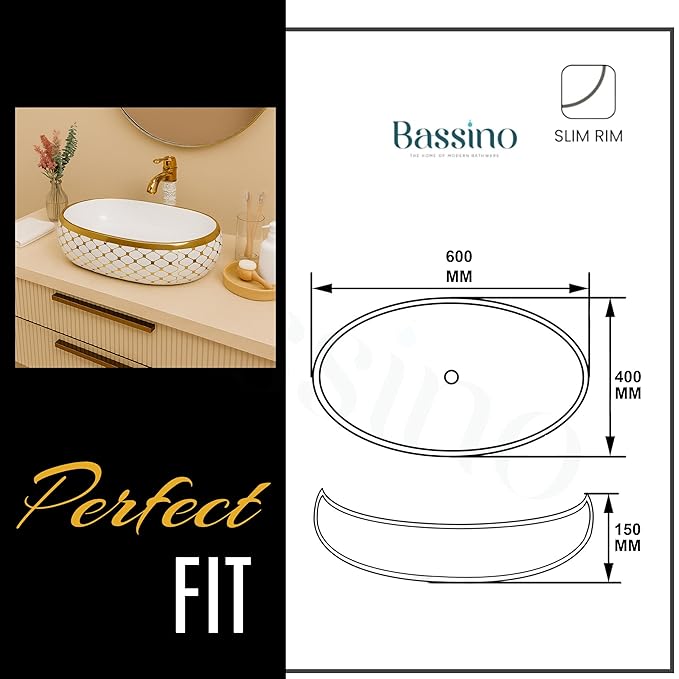 White and gold Oval Shape Counter Top Wash Basin