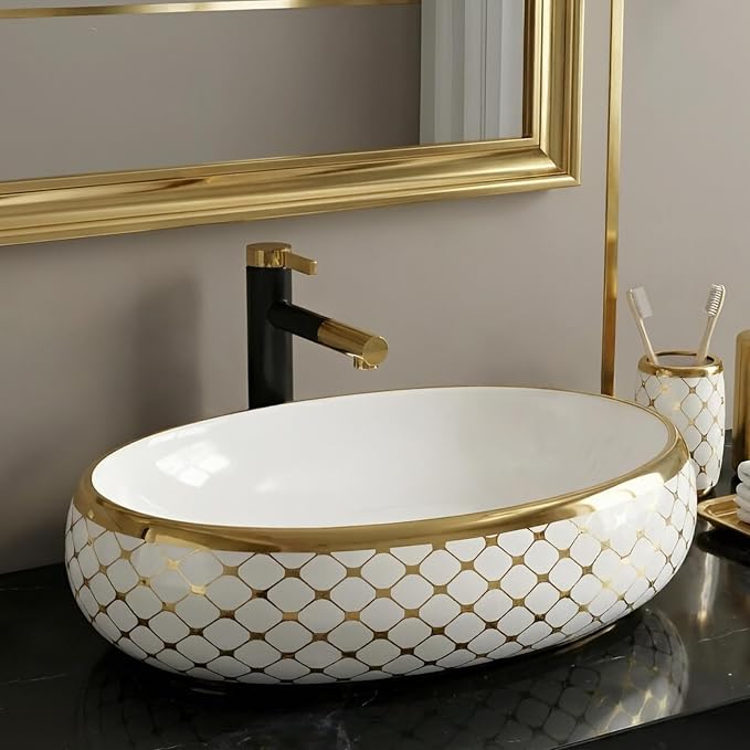 White and gold Oval Shape Counter Top Wash Basin