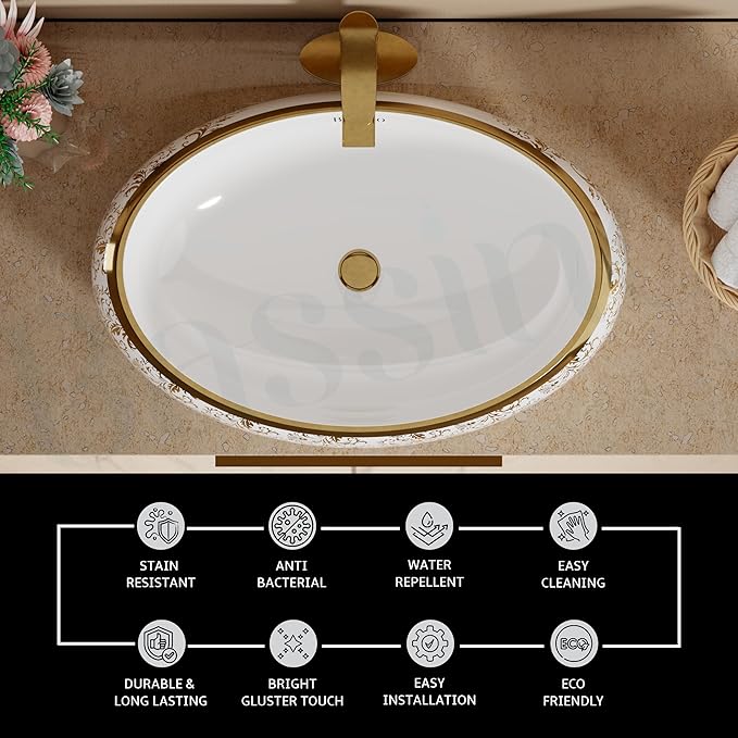 White and gold Oval Shape Counter Top Wash Basin