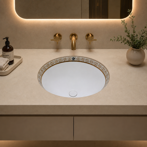White & Gold Designer Ceramic Under Counter Wash Basin – 19.3 × 15.7 × 7.9 Inch | Glossy Oval Basin