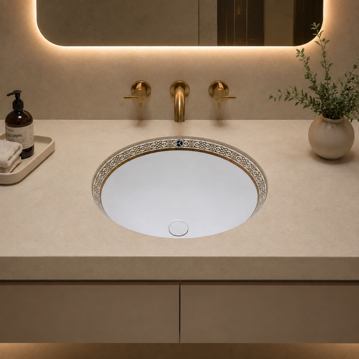 White and gold designer ceramic under counter wash basin with glossy finish, 490 × 400 × 200 mm oval undermount bathroom basin with decorative gold border pattern.
