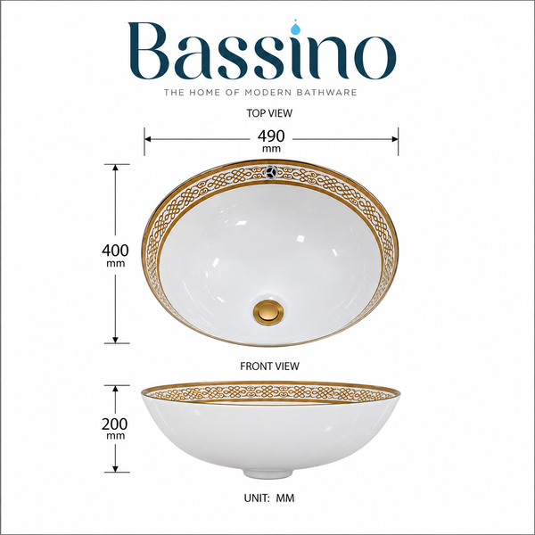 White & Gold Designer Ceramic Under Counter Wash Basin – 19.3 × 15.7 × 7.9 Inch | Glossy Oval Basin