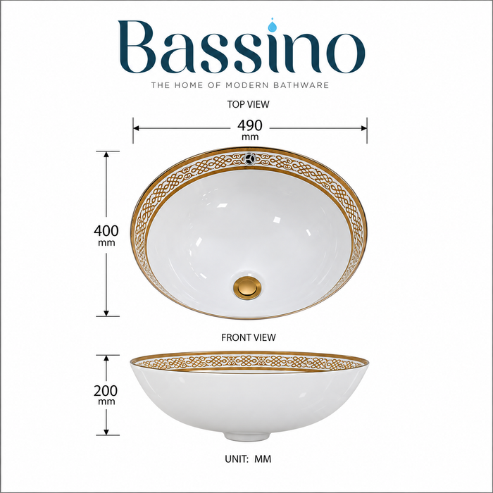 White and gold designer ceramic under counter wash basin with glossy finish, 490 × 400 × 200 mm oval undermount bathroom basin with decorative gold border pattern.