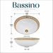 White and gold designer ceramic under counter wash basin with glossy finish, 490 × 400 × 200 mm oval undermount bathroom basin with decorative gold border pattern.