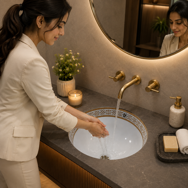 White & Gold Designer Ceramic Under Counter Wash Basin – 19.3 × 15.7 × 7.9 Inch | Glossy Oval Basin