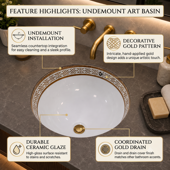 White and gold designer ceramic under counter wash basin with glossy finish, 490 × 400 × 200 mm oval undermount bathroom basin with decorative gold border pattern.