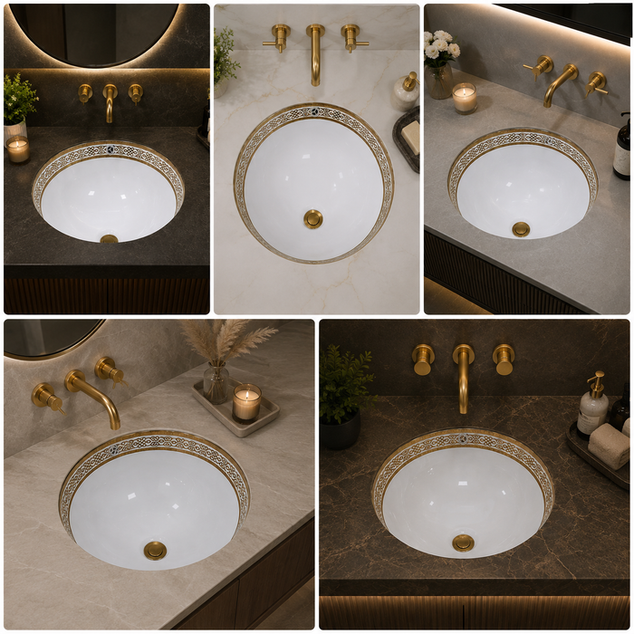 White and gold designer ceramic under counter wash basin with glossy finish, 490 × 400 × 200 mm oval undermount bathroom basin with decorative gold border pattern.